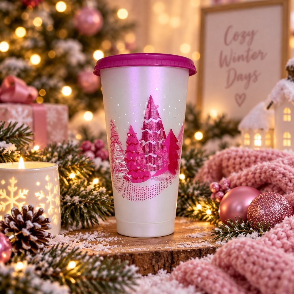 Starbucks 2021 Holiday Pink Trees Reusable Cold Cup 24 oz Venti